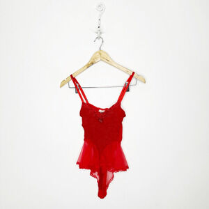 VTG 80s VERONIQUE semi sheer lace mesh teddy red sissy beaded Lingerie womens S